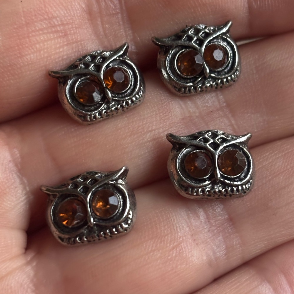Charming Cute and Whimsy Silver Tone Owl Stud Earrings w/ Amber Accents 2 Pairs
